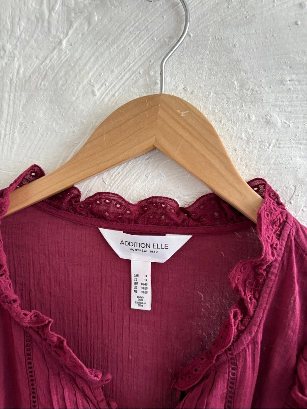 Addition Elle Burgundy Ruffled Button-Front Blouse - Picture 4 of 6